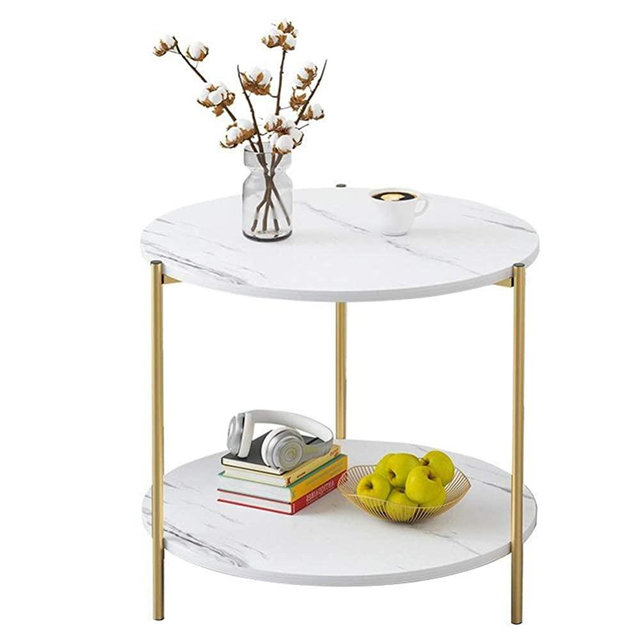 IOTXY Home Round Coffee Table - 15.7" Small 2-Tier End Table with Open Storage Shelf, White Wooden Table Top Gold Metal Frame Side Table