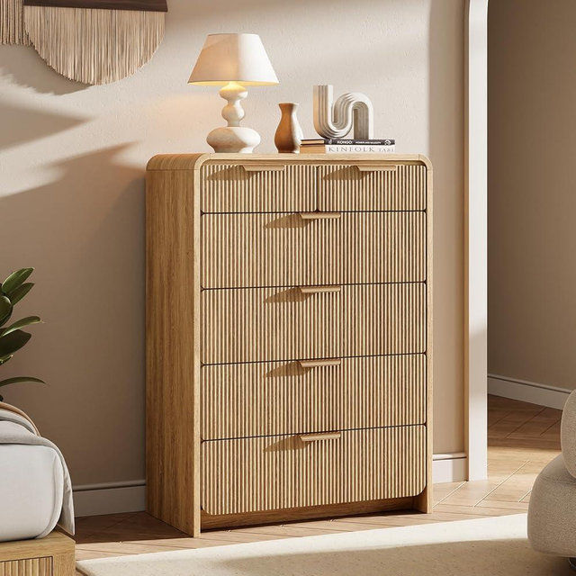 HOTALLOY Fluted 6 Drawer Dresser for Bedroom, 44" Tall Modern Chest of Drawers, Curved Profile Design, Vertical Storage Dresser Organizer for Living Room, Hallway, Natural Oak