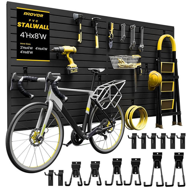 AQOVOR SlatWall Paneling 4x8 FT, PVC Slat Wall Panels with 16 Hooks Heavy-Duty Garage Organization System, Slatwall Pegboard Suitable for Home、Garage、Shop Wall Display & Organization (Black)