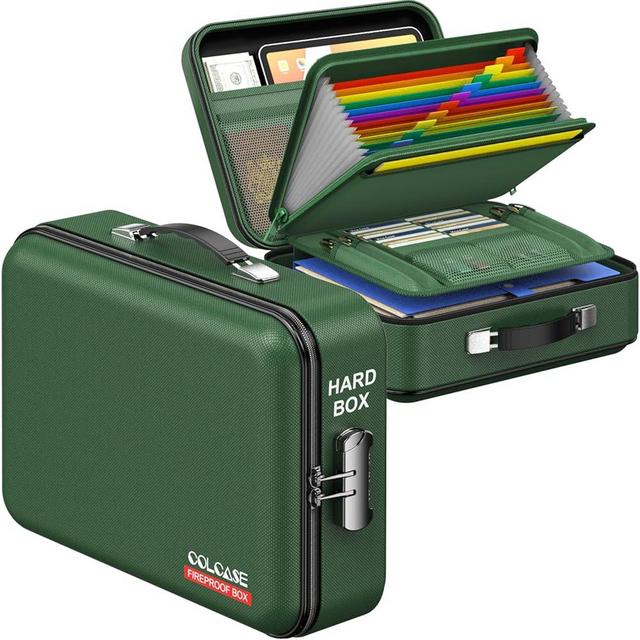 COLCASE Fireproof Document Folder, Hard Case Fireproof Document Box with Lock Hard-Shell Design Fireproof Water Resistant Document Box for Important Documents Certificates Laptop Passports Green