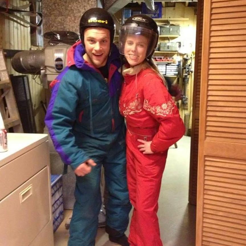 This is the first night we met! Trying on Bogner onesies and helmets, we were laughing the whole time.