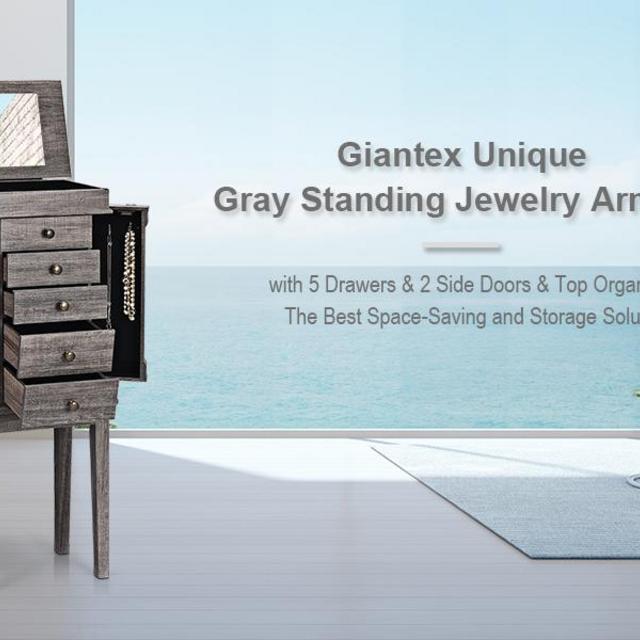 Giantex Jewelry Armoire Chest Box Cabinet Standing, with Top Storage Cases Organizer for Necklace Rings Bracelet 100% Wood Legs 8 Hooks Flip Mirror, Jewelry Boxes Armoires Cabinets w/ 5 Drawers