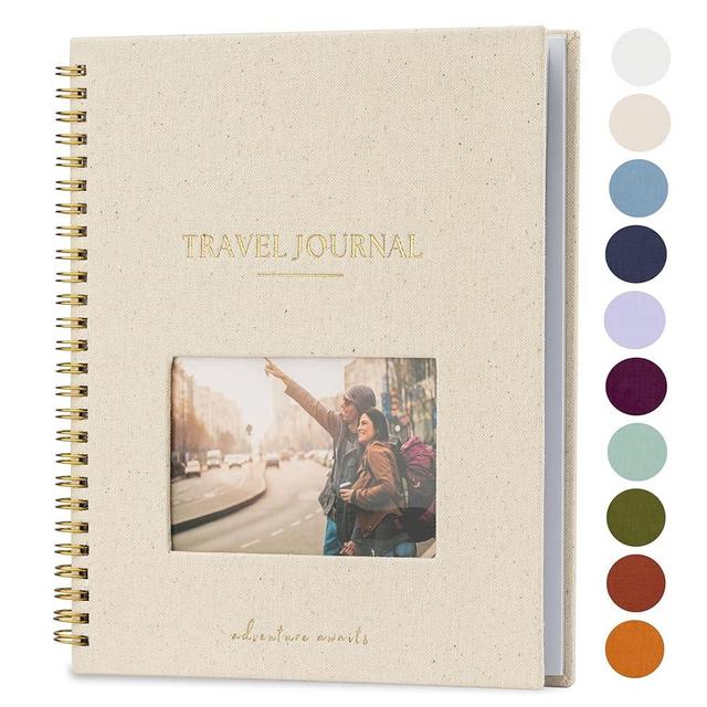 Nook Theory Personalized Travel Journal for Women, Men - Linen Travelers Notebook, Adventure Book with Prompts, Perfect for Travel Gifts (Speckles Cream)