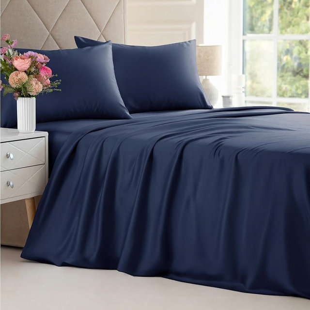 Bamboo Sheets Queen Size - Cooling Sheets Queen - 100% Bamboo Derived Rayon - Deep Pocket Bamboo Sheets - Luxury Queen Bamboo Sheet Set - Super Soft Bamboo Sheets - Queen Bamboo Sheet Set - Navy Blue