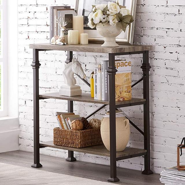 Hombazaar 3-Tier Bookshelf, Rustic Industrial Style Bookcase Furniture, Free Standing Storage Shelves for Living Room Bedroom and Kitchen, Grey Oak
