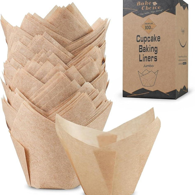 Bake Choice 100pcs Natural Jumbo Tulip Cupcake Liners for Baking, Unbleached Cupcake Liner, Greaseproof Parchment Paper Muffin Liners, Tulip Muffin Liners for Party, Christmas, Valentines
