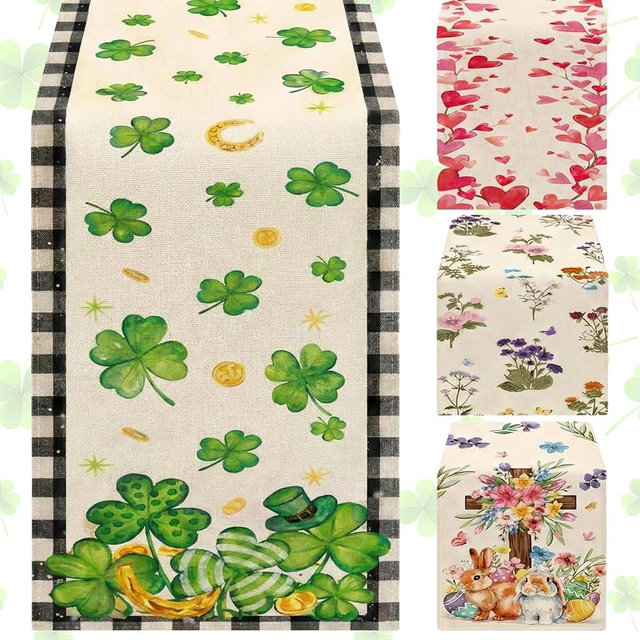 Moukeren 4 Pcs Holiday Table Runner 13x72 Inch Seasonal Farmhouse Table Decor St Patricks Day Easter Spring Valentines Day Tables Runner for Home Dining Room Kitchen Decor