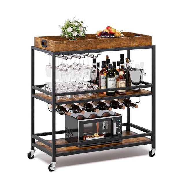 Jocoevol 3-Tier Bar Cart with Removable Tray, Servicing Cart with Wine Rack Glass Holder, Kitchen Cart on Wheels Wood and Metal Frame, Vintage Brown