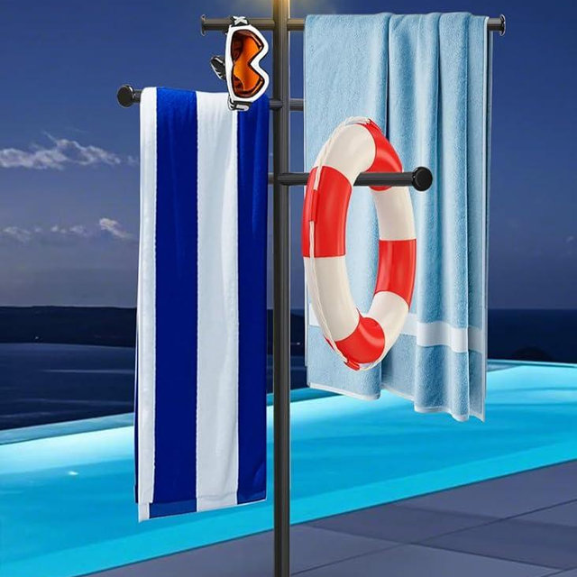 Solar Light Pool Towel Rack with Wheels – 63" Tall Adjustable Outdoor Towel Rack for Patio, Bathroom, Hot Tub