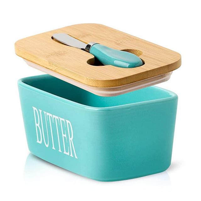Hasense Butter Dish, Ceramic Butter Container with Lid Holds For Countertop, Large Butter Holder with Knife Spreader for Counter, Silicone Sealing Butter Keeper with Cover for Kitchen,Turquoise