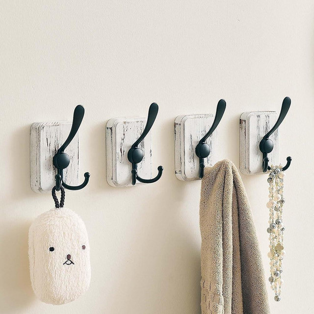 LECHYN 4 Pack Rustic Coat Hooks Wall Mount, Farmhouse Towel Hooks for Bathrooms, Heavy Duty Adhesive Mounted & Drill Mount Decorative Wood Wall Hooks for Hanging Towel Robe Backpack (White)