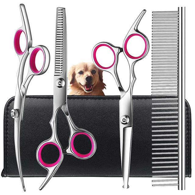 Dog Grooming Scissors Kit with Safety Round Tips, TINMARDA Stainless Steel Professional Dog Grooming Shears Set - Thinning, Straight, Curved Shears and Comb for Long Short Hair for Dog Cat Pet