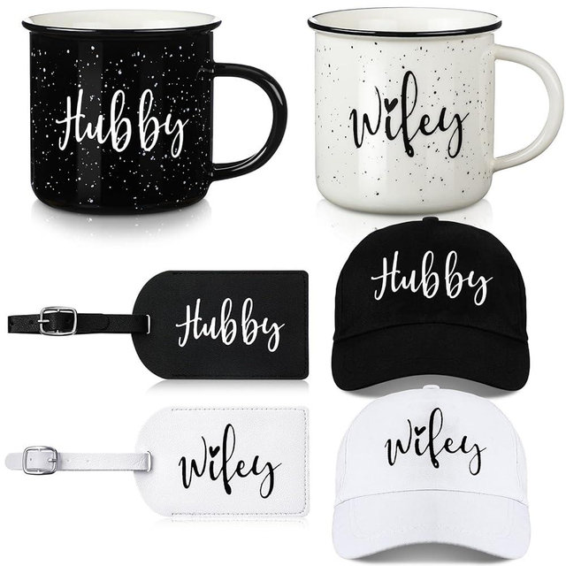 Tiangrid 6 Pcs Wedding Gifts for Hubby and Wifey Set Includes 2 Coffee Mugs 2 Baseball Hats and 2 Luggage Tags for Bride Groom Bridal Shower Engagement Married Newlywed Gift