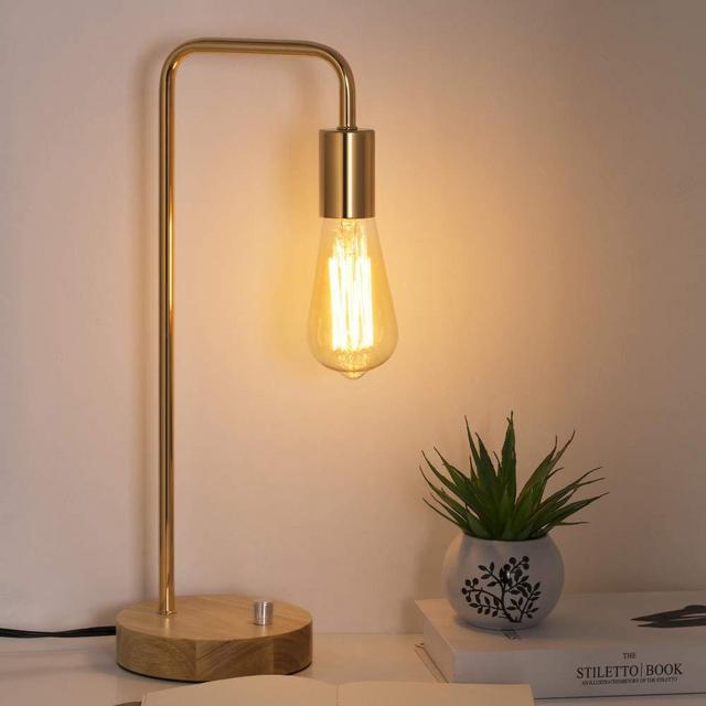 HAITRAL Industrial Desk Lamp - Stylish Wooden Table Lamp with Gold Frame Simple Nightstand Task Lamps for Bedrooms, Office - Without Bulbs (HT-TH71-16)