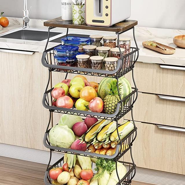 Fruit Basket for Kitchen with Wood Top 5 Tier, SAYZH Stackable Fruit and Vegetable Storage Cart, Wire Storage Basket with Wheels, Vegetable Basket Bins Rack for Onions and Potatoes, Black