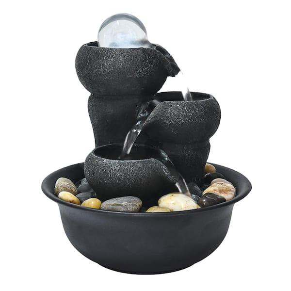 8 in. Resin Little Water Fountain, 3-Step Small Relaxation Waterfall Feature with LED and Crystal Ball for Office, Room