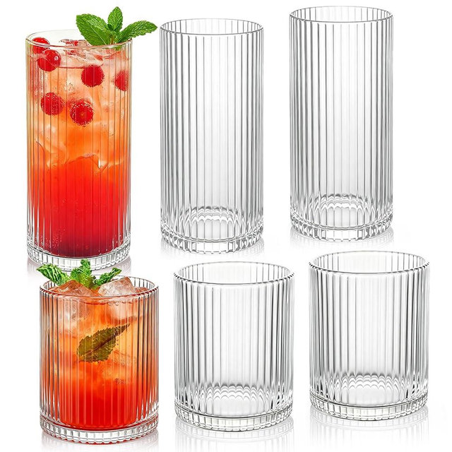 Lumkit Ribbed Drinking Glasses 6pcs, 12oz and 10oz Glassware, Tumbler Glasses Cup Set for Wedding, Party, Christmas Gift, Clear