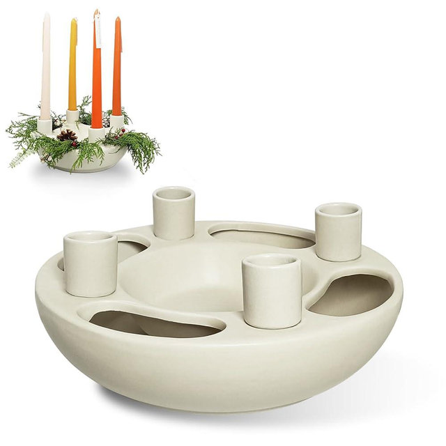 Ceramic Advent Wreath Candle Holder - 4 Taper Beige Candlestick Seats, Ivory Modern Candle Stand for Christmas Holiday Home Party Kitchen Table Decor (Without Candles)