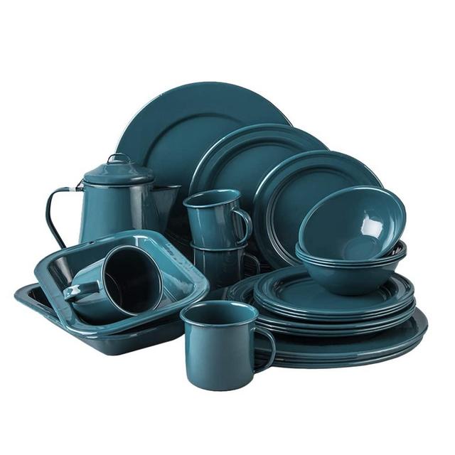 Cinsa 23 Pieces Classic Enamelware (Green) - Complete Table Set 4 People Includes: Coffee Pot, Mugs, Plates & Bowls - Indoor & Outdoor - Camping, Farmhouse Kitchen, Party Outdoor