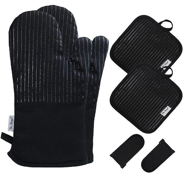 Win Change Oven Mitts and Potholders BBQ Gloves-Oven Mitts and Pot Holders with Recycled Infill Silicone Non-Slip Cooking Gloves for Cooking Baking Grilling (6-Piece Set) (Black Silicone)