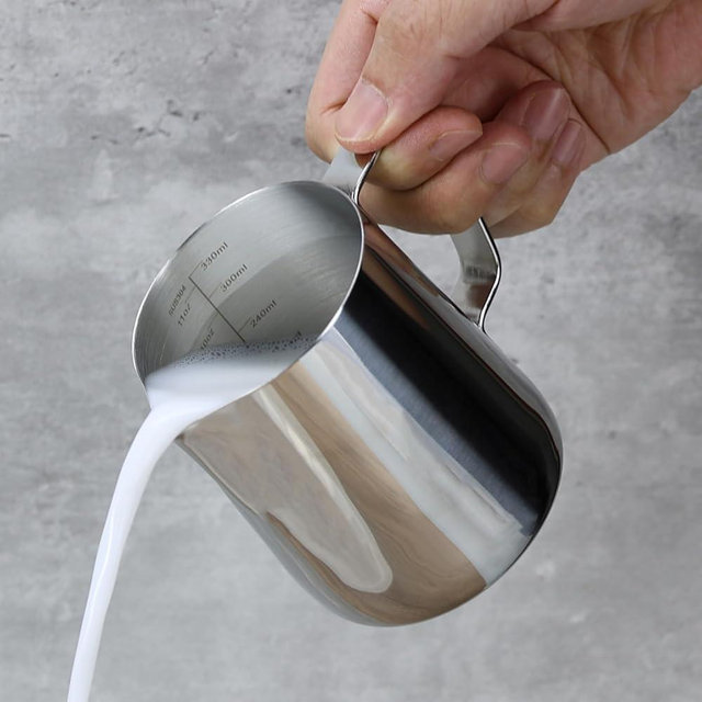 EIKS Stainless Steel Measuring Cup Steaming Pitcher Milk Frothing Jug with Handle, Pour Spout and ML/Ounce Scale (350ml)