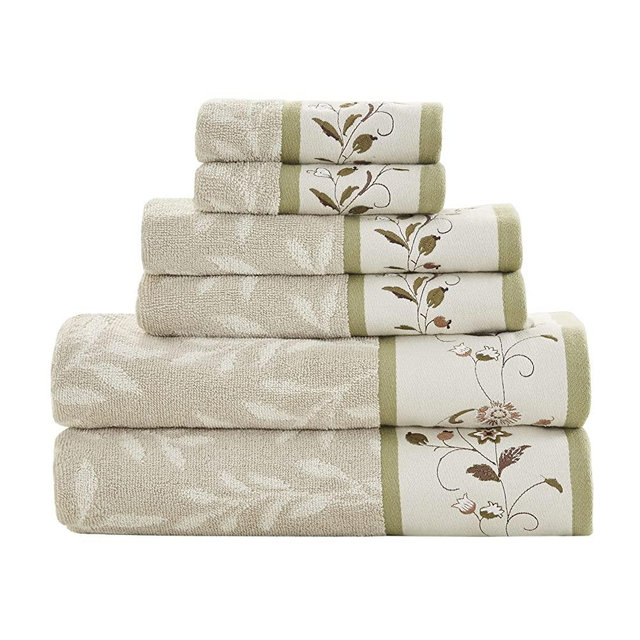 Madison Park Serene 100% Cotton Bath Towel Set Luxurious Floral Embroidered Cotton Jacquard Design, Soft and Highly Absorbent for Shower, Multi-Sizes, Green 6 Piece