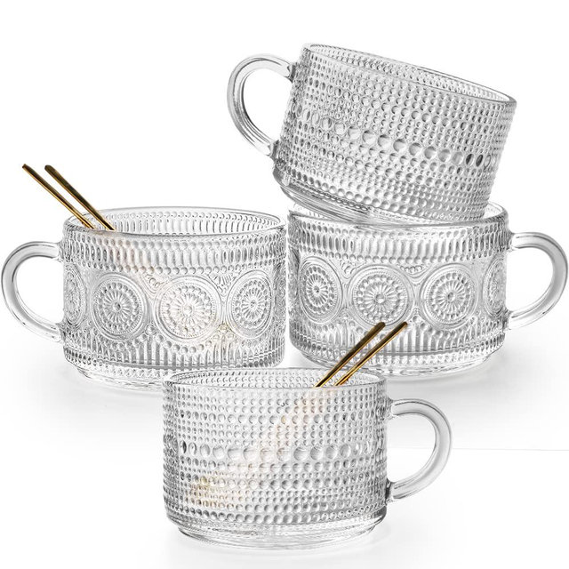 Ymyaye Vintage Glass Coffee Mugs Set of 4, 14 Ounces Embossed Glass Coffee Cups Stackable Coffee Mugs for Cereal, Yogurt, Latte, Clear Breakfast Cups with Handle for Beverages (2*Flower+2*Beads)