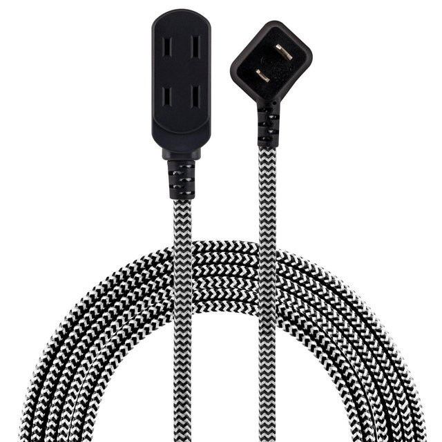 GE 3-Outlet Polarized Extension Cord 15' Braided Black/Gray: Indoor Flat Long Extention Cord, 18 AWG, 13 Amps