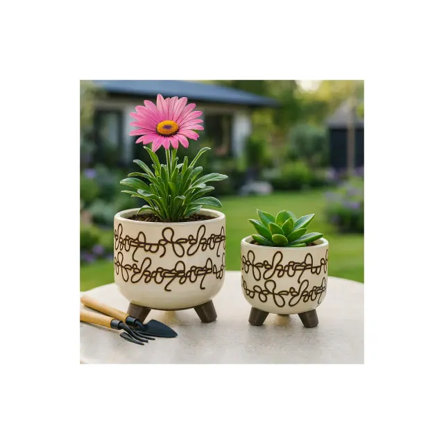 Home Decor Flower Pots and Planters - Contemporary Ceramic Indoor, Outdoor Planters - Decorative Accent for Garden or Patio Set of 2 - 8", 6" Tan
