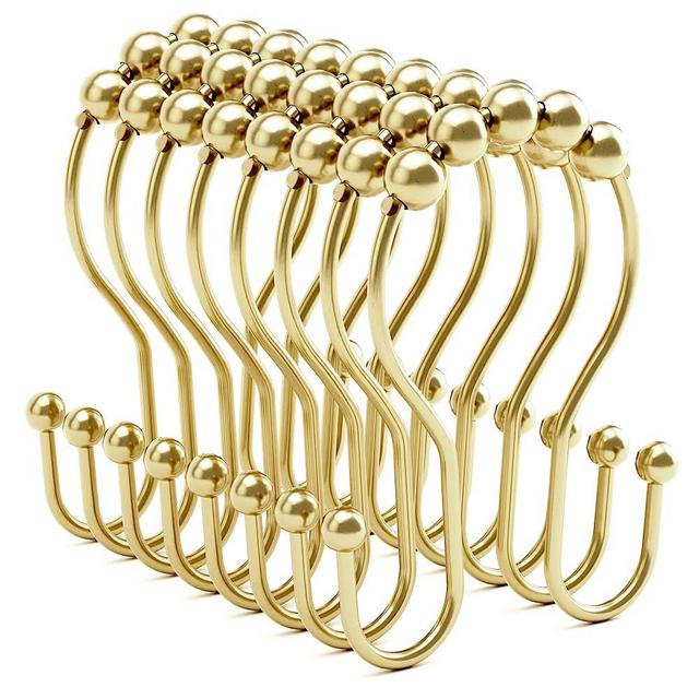 Bathway Shower Curtain Hooks, Shower Curtain Rings Rust Resistant Balanced Smooth Glide Double Shower Curtain Hooks, Gold Shower Curtain Hooks, Shower Hooks for Shower Curtain 12 Pcs
