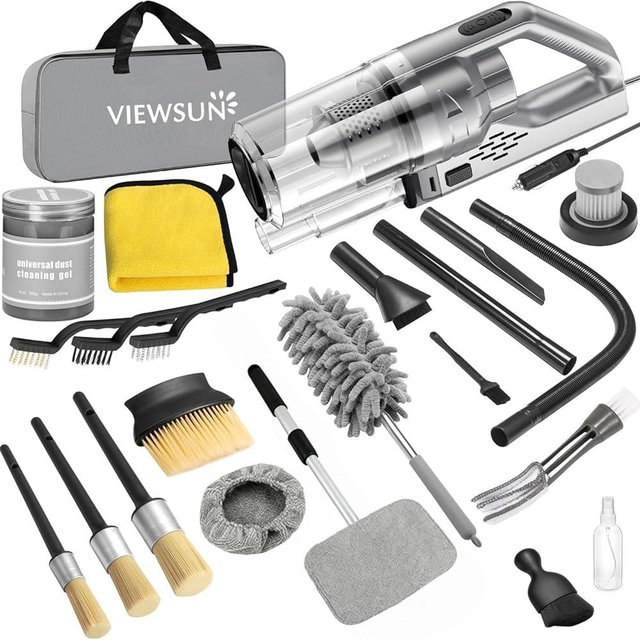Viewsun Car Cleaning Kit, 17PCS Car Interior Detailing Kit with Gray High Power Handheld Vacuum, Detailing Brush Set, Windshield Cleaner, Cleaning Gel, Complete Auto Accessories for Men, Women