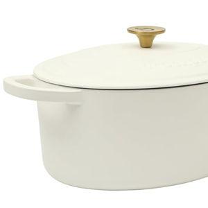 Crock Pot Artisan 7-Quart Oval Dutch Oven With Lid, Enameled Cast Iron, Linen White With Gold Knob, Heavy-Duty Cookware for Baking, Braising, Roasting & Slow Cooking