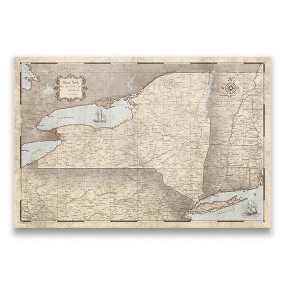 New York Travel Push Pin State Map - Rustic Vintage Cork Pin Board Canvas (Rustic Vintage Style)