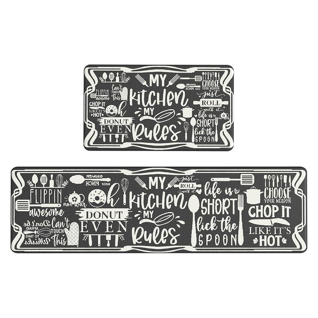 GENIMO Anti Fatigue Kitchen Mats for Floor, Non Slip Washable Kitchen Rules Theme Rugs sets of 2, Farmhouse Cushioned Waterproof Comfort Runner Rug for Kitchen, Sink, Laundry, 17"x 59"+17"x 30", Black