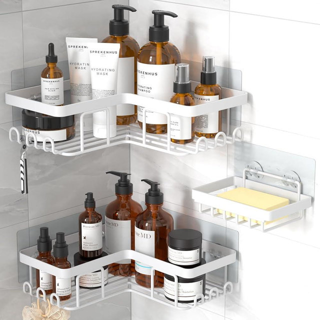 YASONIC Corner Adhesive Shower Caddy, with Soap Holder and 12 Hooks, Rustproof Stainless Steel Bathroom Organizer, No Drilling Wall Mounted Rack, White, 3-Pack