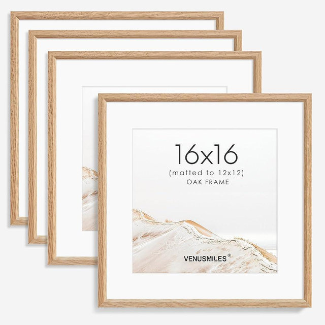 Venusmiles 16x16 Picture Frame Set of 4 Natural Solid Oak Photo Frames with 12x12 Removable Mat Wall Hanging Large Handcrafted Frame with HD Plexiglass Wall and Tabletop Display Large Poster Frame