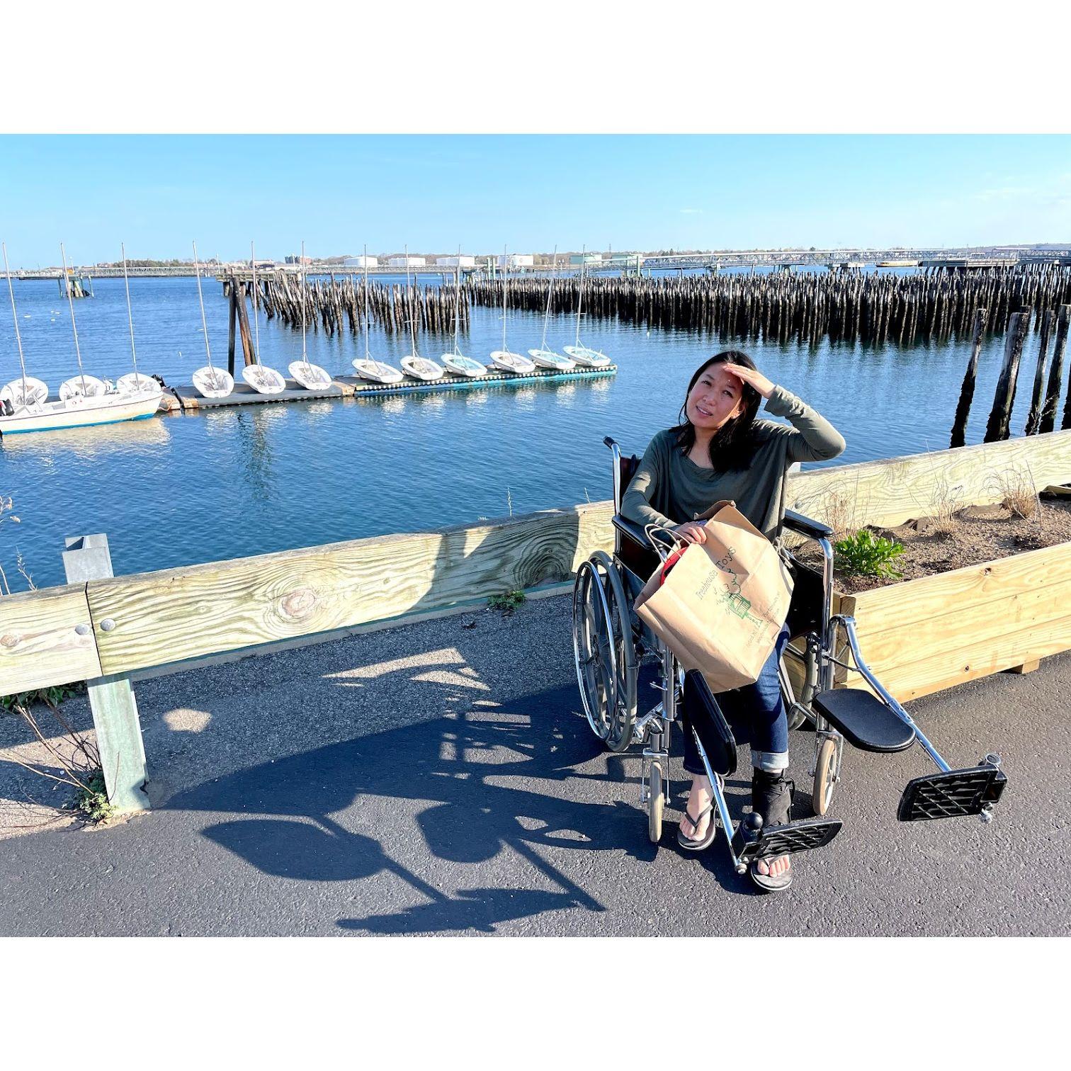 Natalie hurt her ankle before their first trip out of town together, so Gary pushed her around in a wheelchair the whole day.