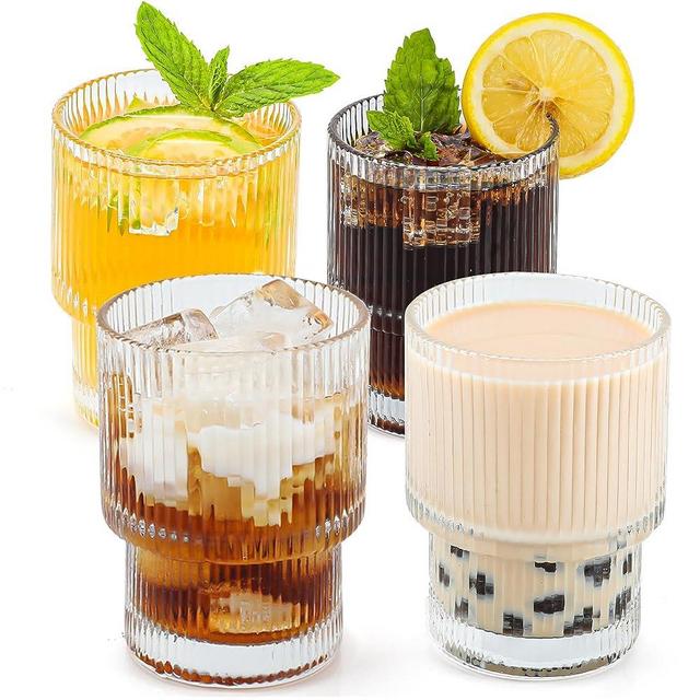 Rantonly 4Pack Ribbed Glassware, 6oz Glasses Tumbler Cups Cocktail Glasses, Elegant Ripple Vintage Iced Coffee Glassware, Drinking Cup for Wedding, Water Bar Whiskey, Beer, Cocktail, Juice, Boba Tea