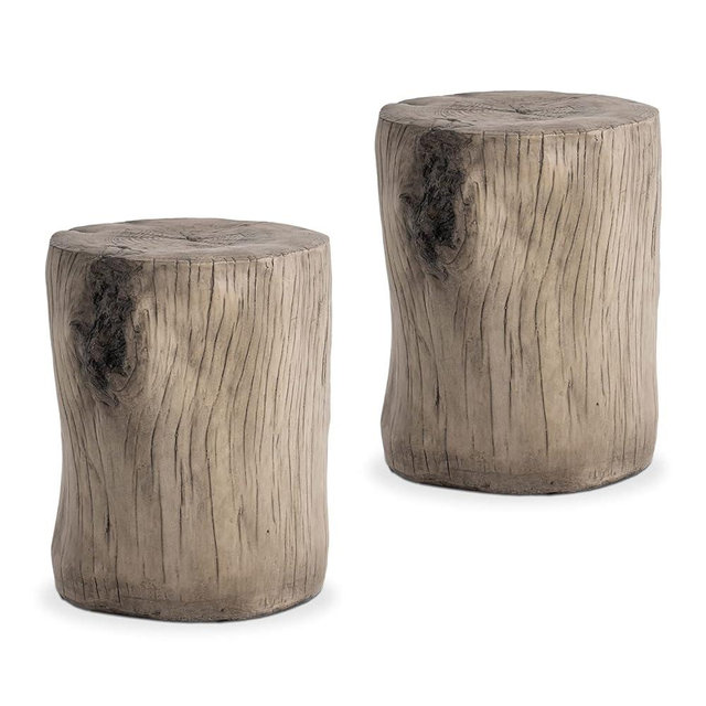 COSIEST 2 Pieses Outdoor Side Table, Hand-Painted Wood Stump Side Table Set of 2, Faux Wood Stool, Ottomans, Plant Stand, Deck or Garden (Grey)