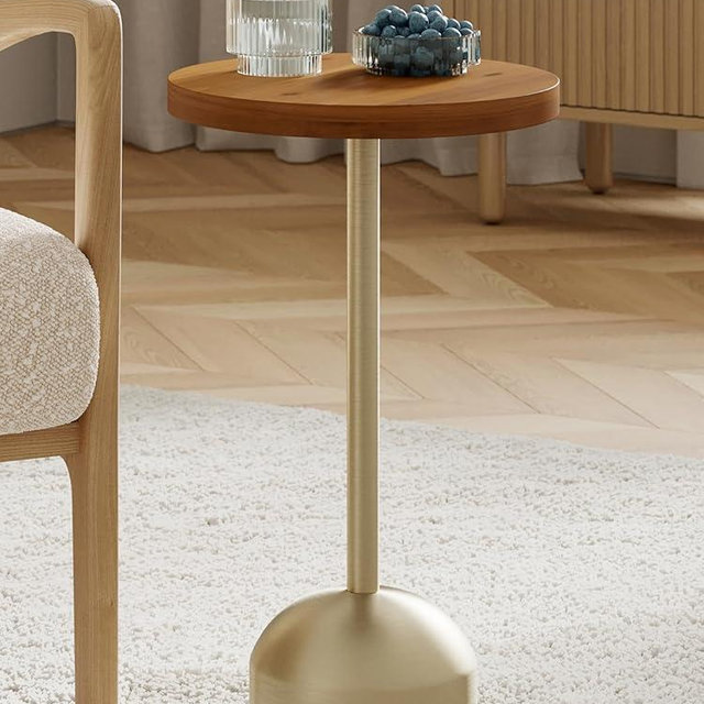Stead Round Metal Pedestal Drink Table – Small Side Table with Wood Top & Weighted Base, Modern Accent Table for Living Room, Bedroom, or Patio – Stylish Metal End Table for Drinks & Decor