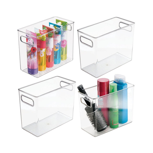 mDesign Tall Plastic Bathroom Organizer Bin with Built-In Handles, 4 Pack, Clear