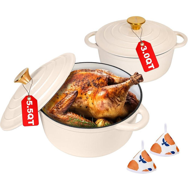 Romswi Enameled Cast Iron Dutch Oven Set - 3qt & 5.5qt Dual Combo - 7-Layer Professional Grade Dutch oven pot with lid - Oven Safe for Braising, Stews, Roasting, Bread Baking - White Bread Dutch Oven