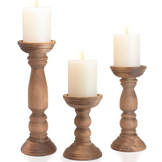 Farmhouse Wooden Candle Holders for Pillar Candles Set of 3, Rusitc Wood Candle Holder Table Centerpiece Decor, 12'' 9'' 6'' Vintage Tall Candle Stand Decorative, Brown