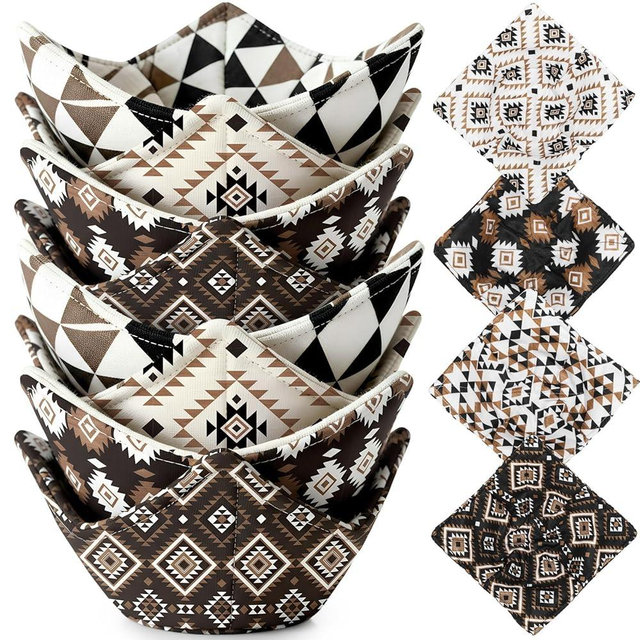 FoldTier 8 Pcs Microwave Bowl Cozy Holders, Western Aztecs Party Favor Reusable Hot Pads Soup Bowl Potholders Heat Resistant Grips Housewarming Gifts Kitchen Accessories for Hot Food Plates