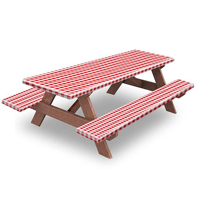 Picnic Table and Bench Fitted Tablecloth Cover, 3-Piece Set, KENOBEE Flannel Backing Elastic Edge Waterproof Wipeable Plastic Cover Vinyl Tablecloth for Home Goods Indoor Outdoor Patio, Red-White