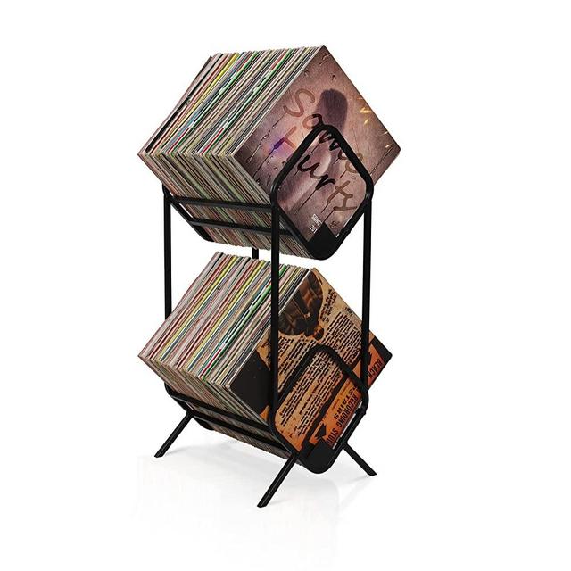 JORDFY 2-Tier Vinyl Record Storage Rack, Curved Black Metal Display Stand with Dividers, Baffle Protection Record Holder - Storage Up to 180 LP, Organize Albums/Books/Magazines/Files