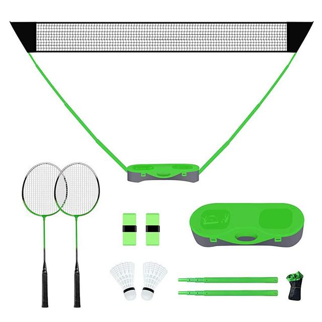 FBSPORT Portable Badminton Net Set with Storage Base, Folding Volleyball Badminton Net with 2 Badminton Rackets 2 Shuttlecocks Griptape 10x5 ft Net, Easy Setup for Beach Backyard Combo Set