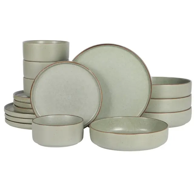 Gibson Elite Gelston Stoneware Matte Reactive Glaze 16 Piece Plates and Bowl Dinnerware Set Green
