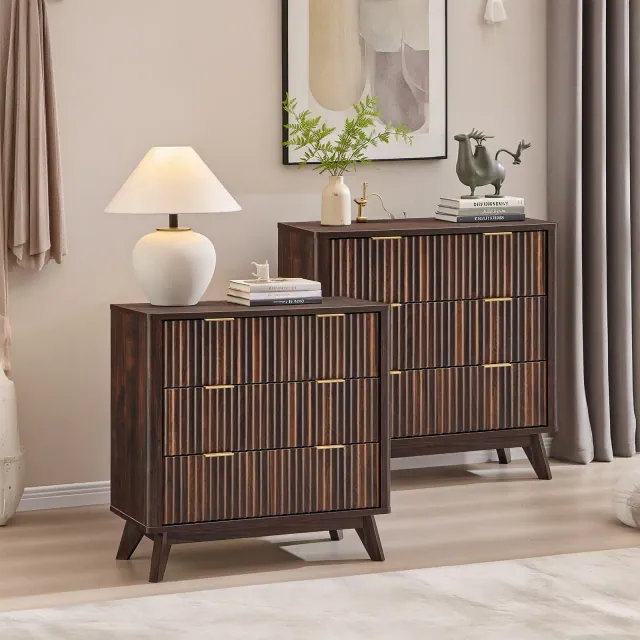 Fluted Nightstand Set of 2, 32" Night Stand with 3 Storage Drawers, Modern Bedside Table for Bedroom, Living Room, Dark Walnut