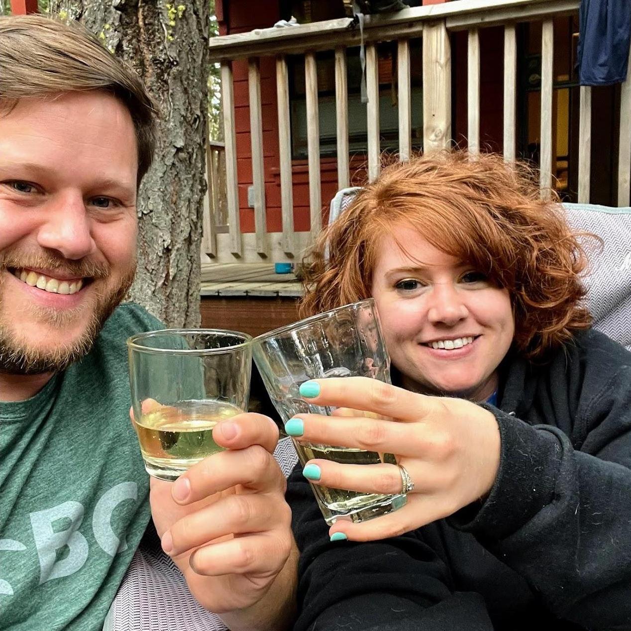 Enjoying champagne at the cabin after a long hike and an epic proposal!